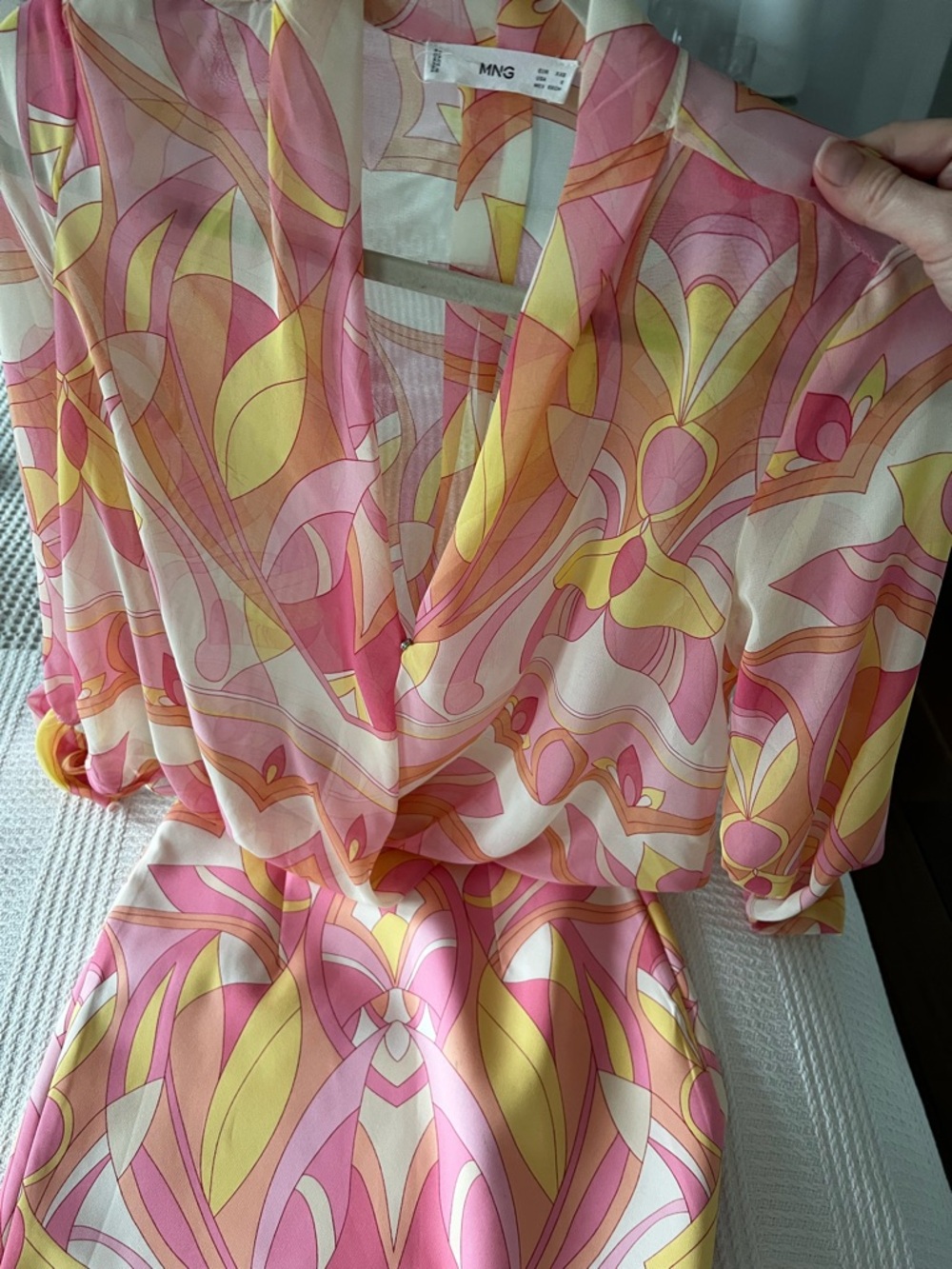 Mango Pink & Yellow Abstract Sheer Wrap Blouse & Skirt Set